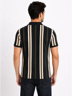 Men's Black Striped Cotton Blend Regular Fit Polo T-Shirt