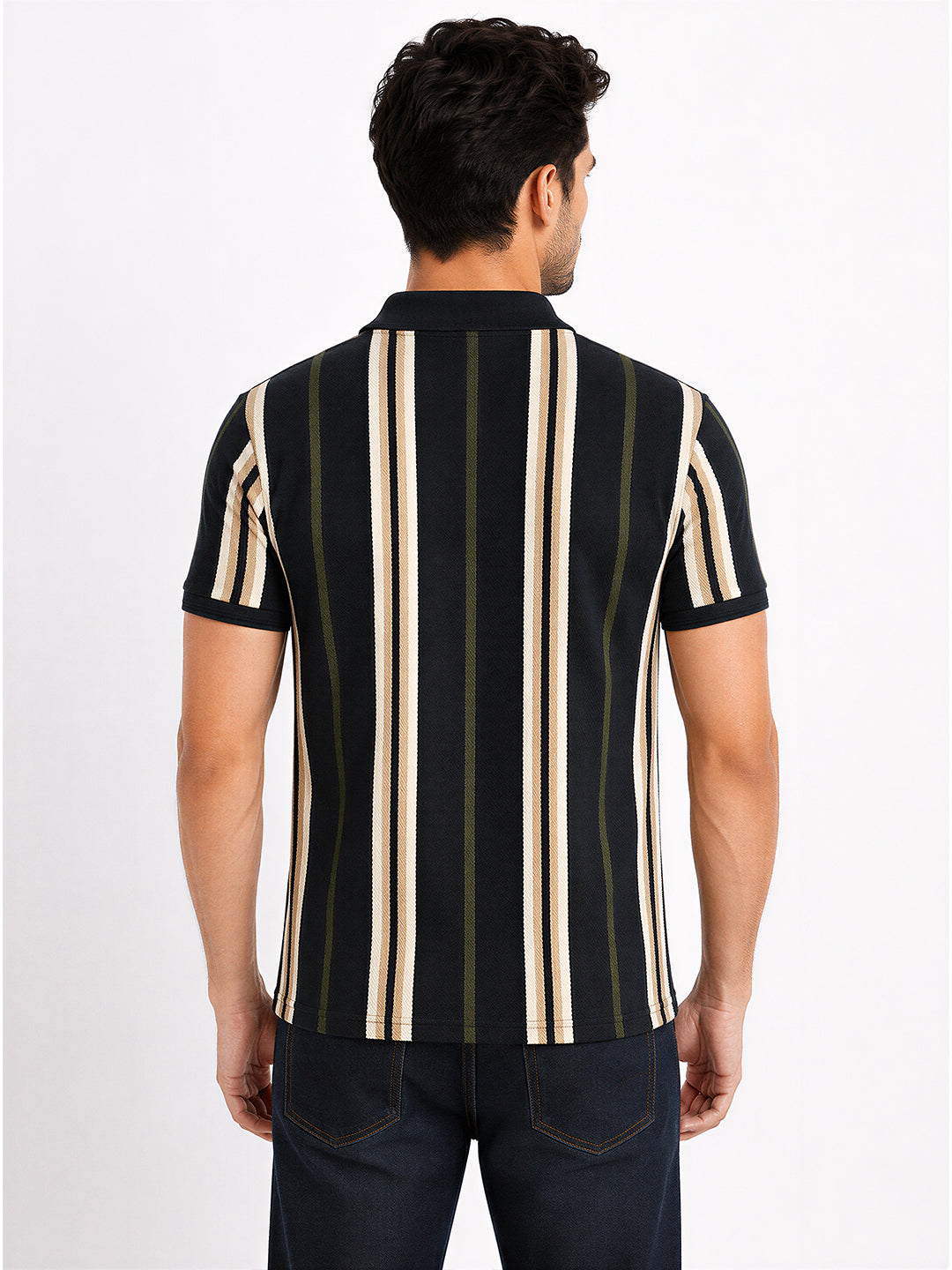 Men's Black Striped Cotton Blend Regular Fit Polo T-Shirt