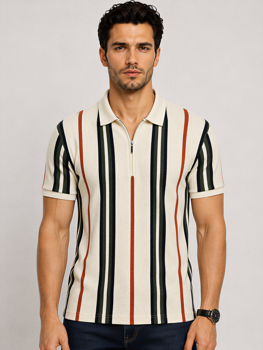Striped Zip Polo T-shirt