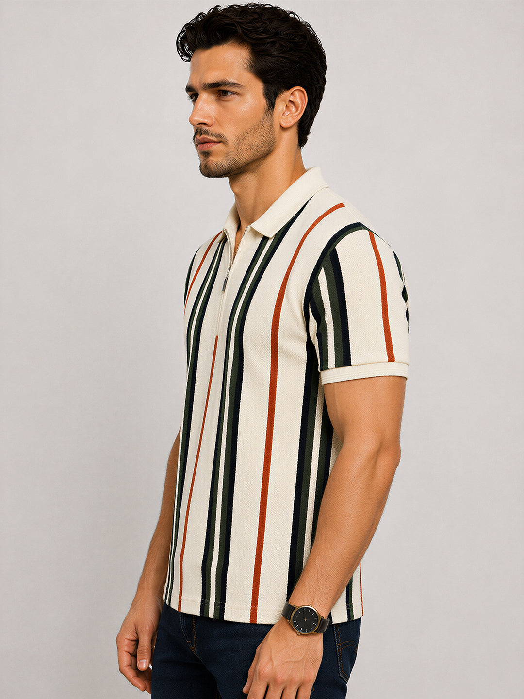 Striped Zip Polo T-shirt