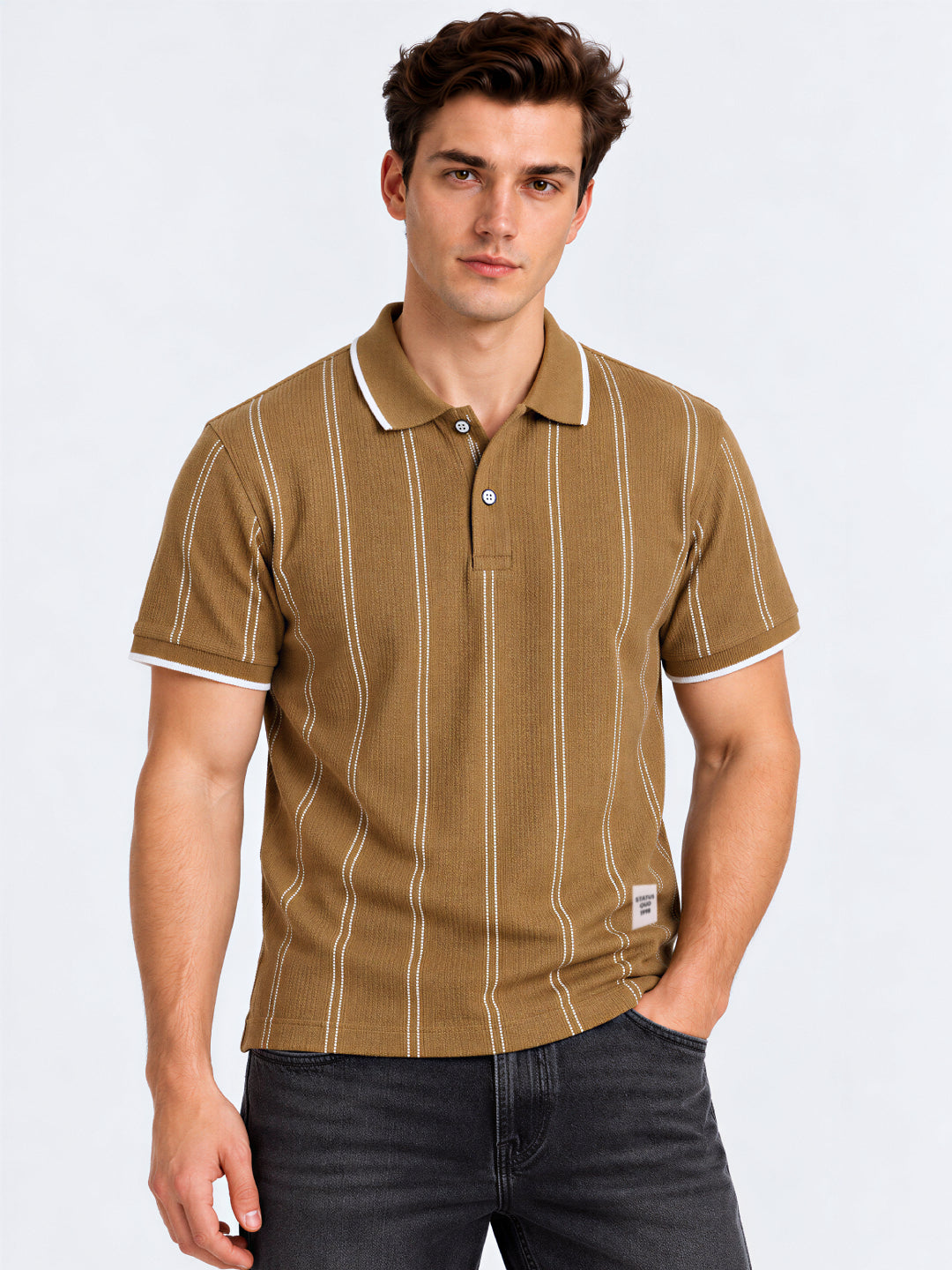 Beige Vertical Stripe Polo Tshirt