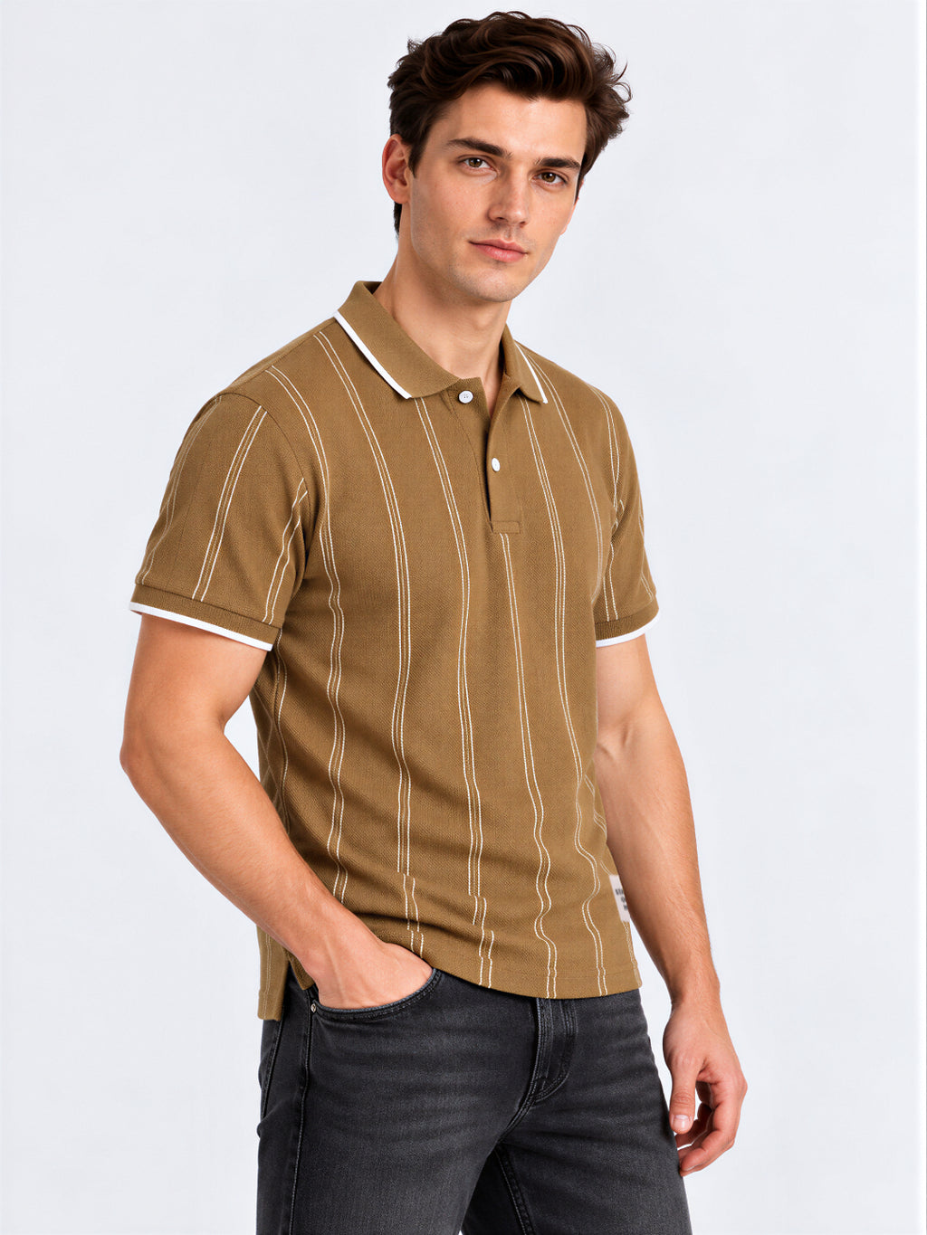 Beige Vertical Stripe Polo Tshirt