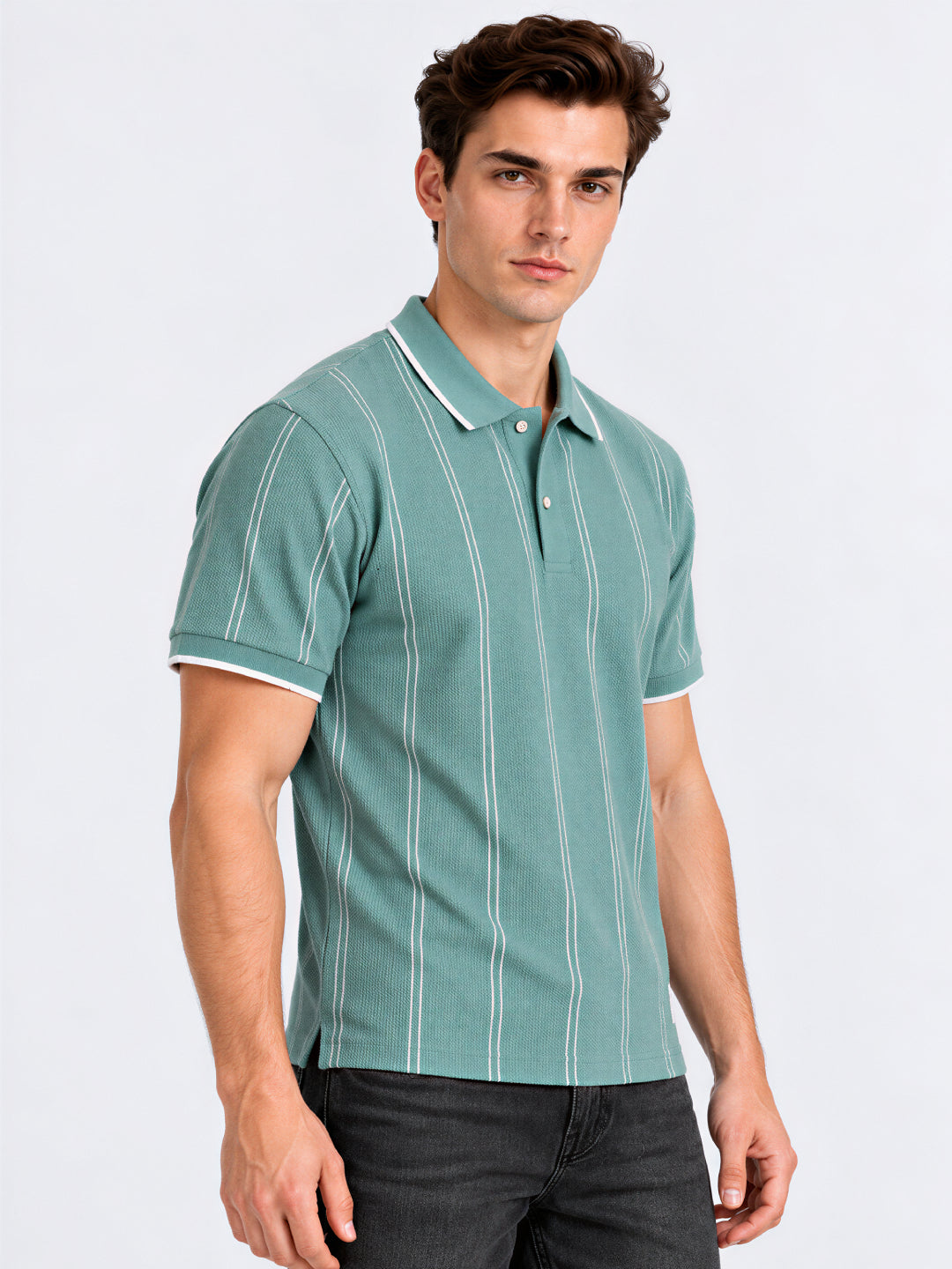 Sage Green Vertical Stripe Polo T-Shirt