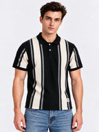 Black Panel Stripe Knit Polo Tshirt