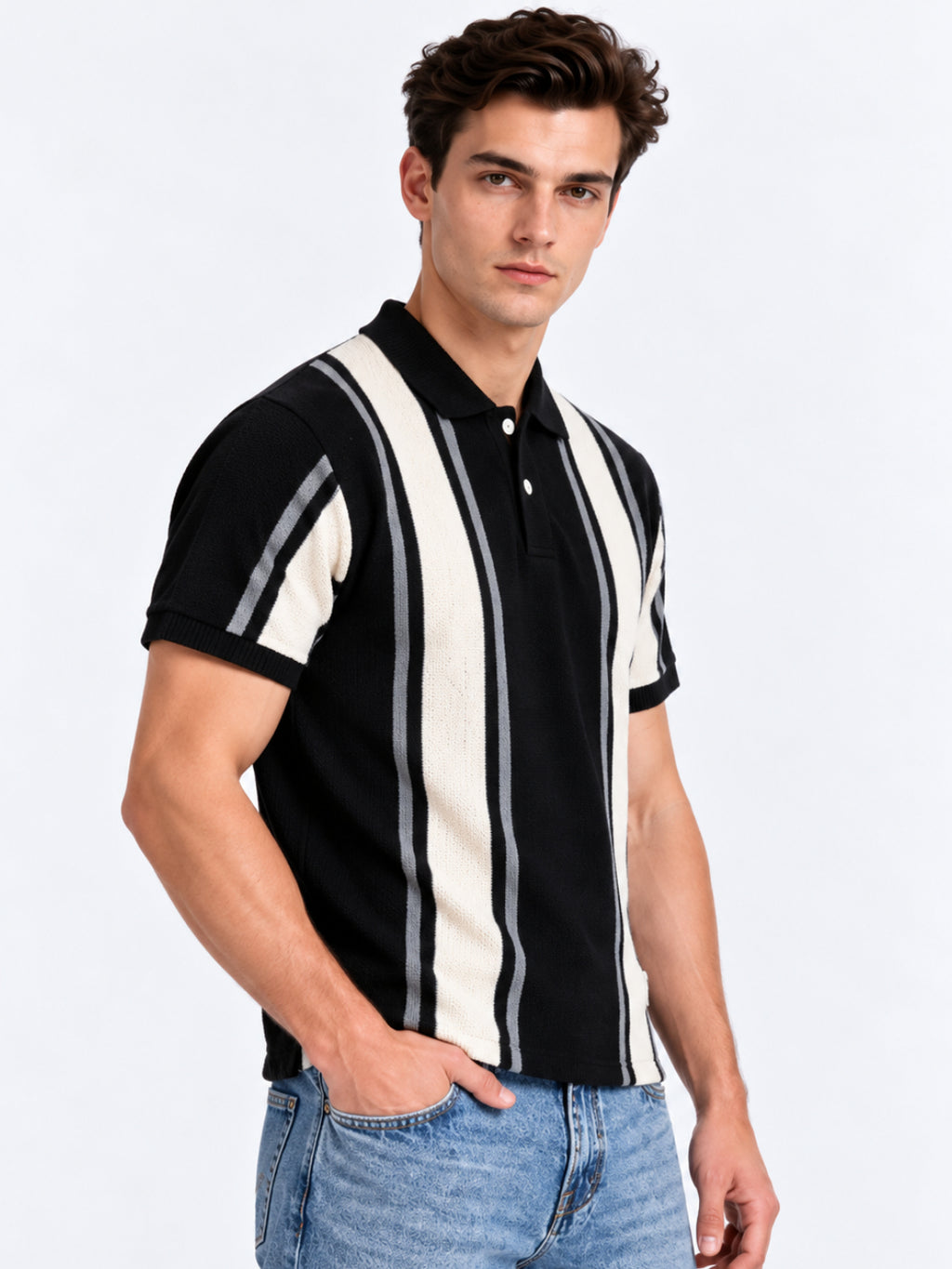 Black Panel Stripe Knit Polo Tshirt