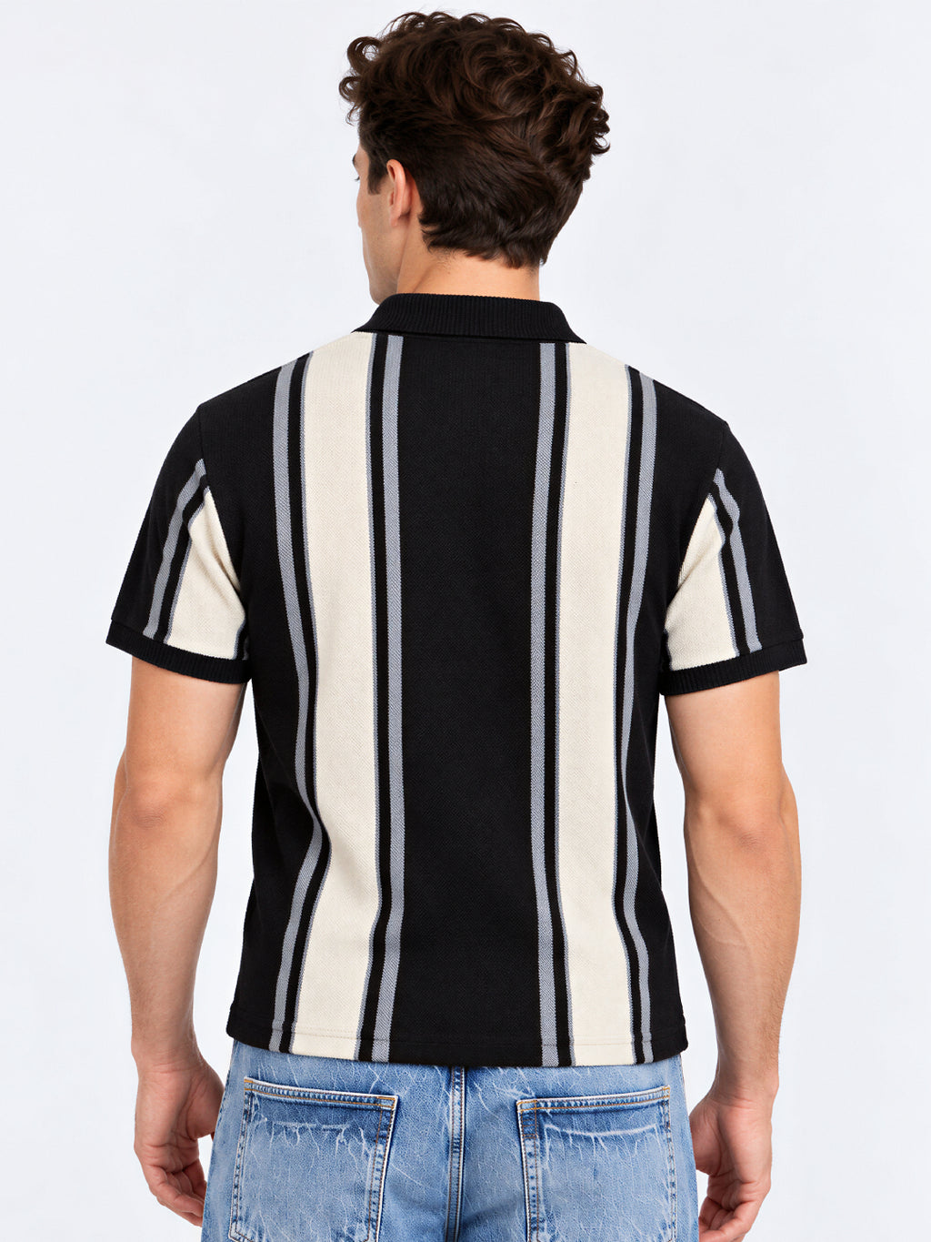 Black Panel Stripe Knit Polo Tshirt