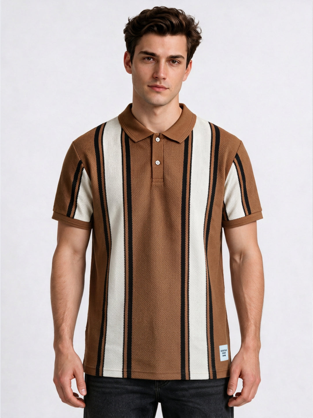 Tan Panel Stripe Knit Polo