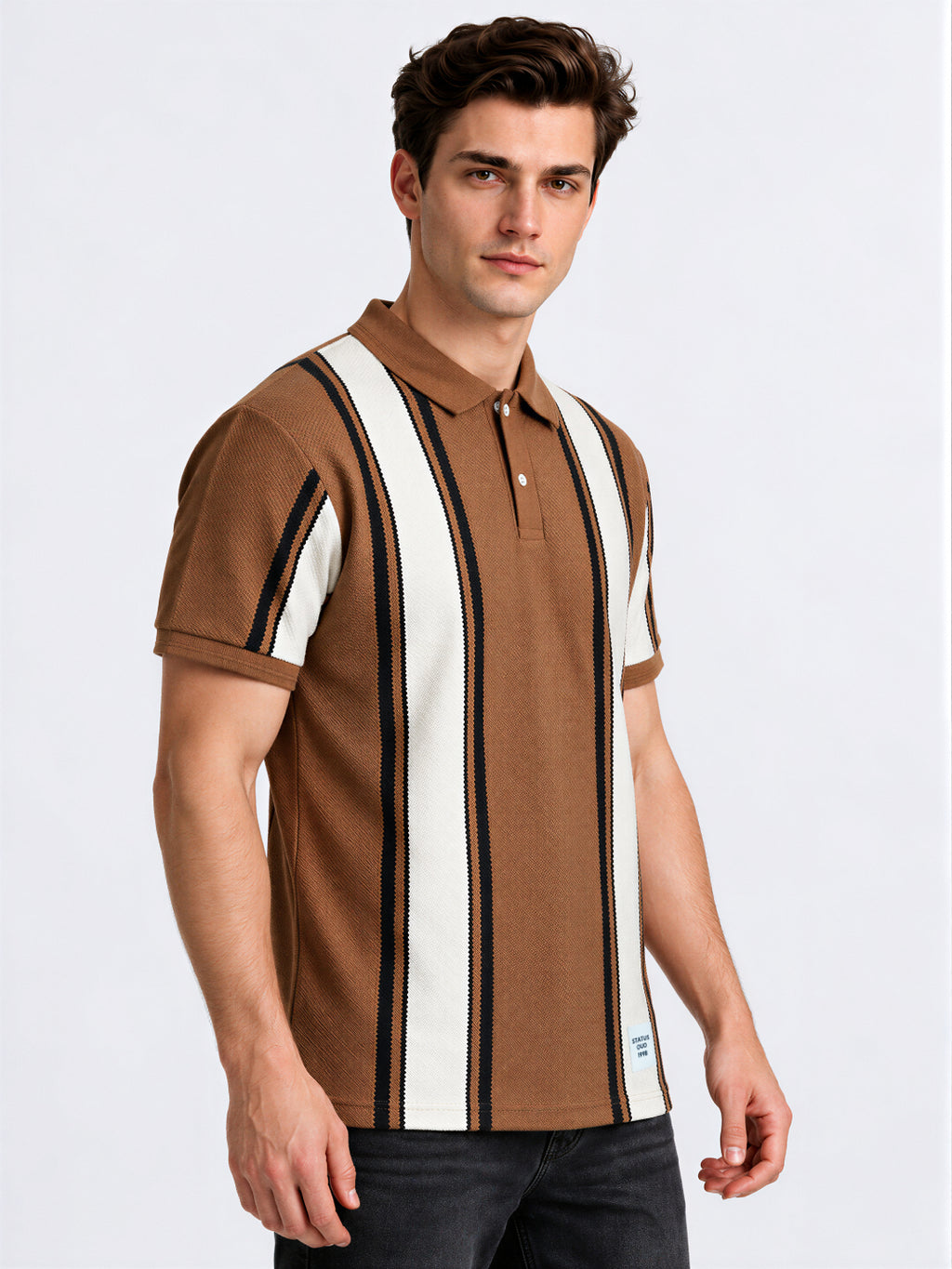 Tan Panel Stripe Knit Polo