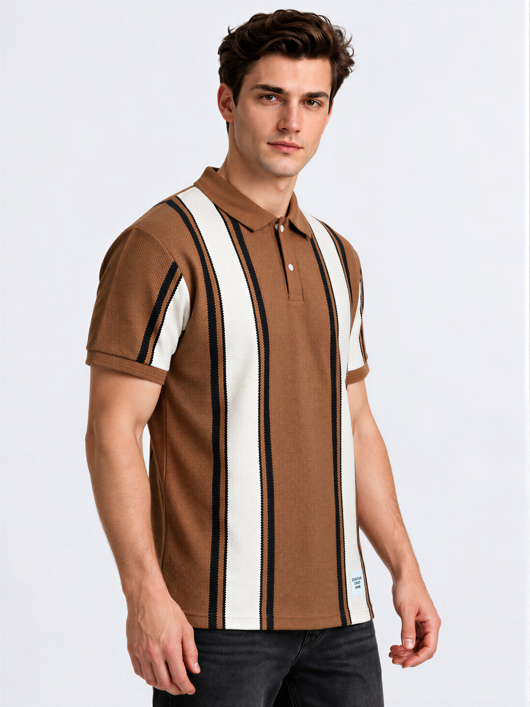 Tan Panel Stripe Knit Polo