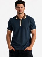 Solid Regular Fit Half Sleeve Zipper Collar T-Shirt