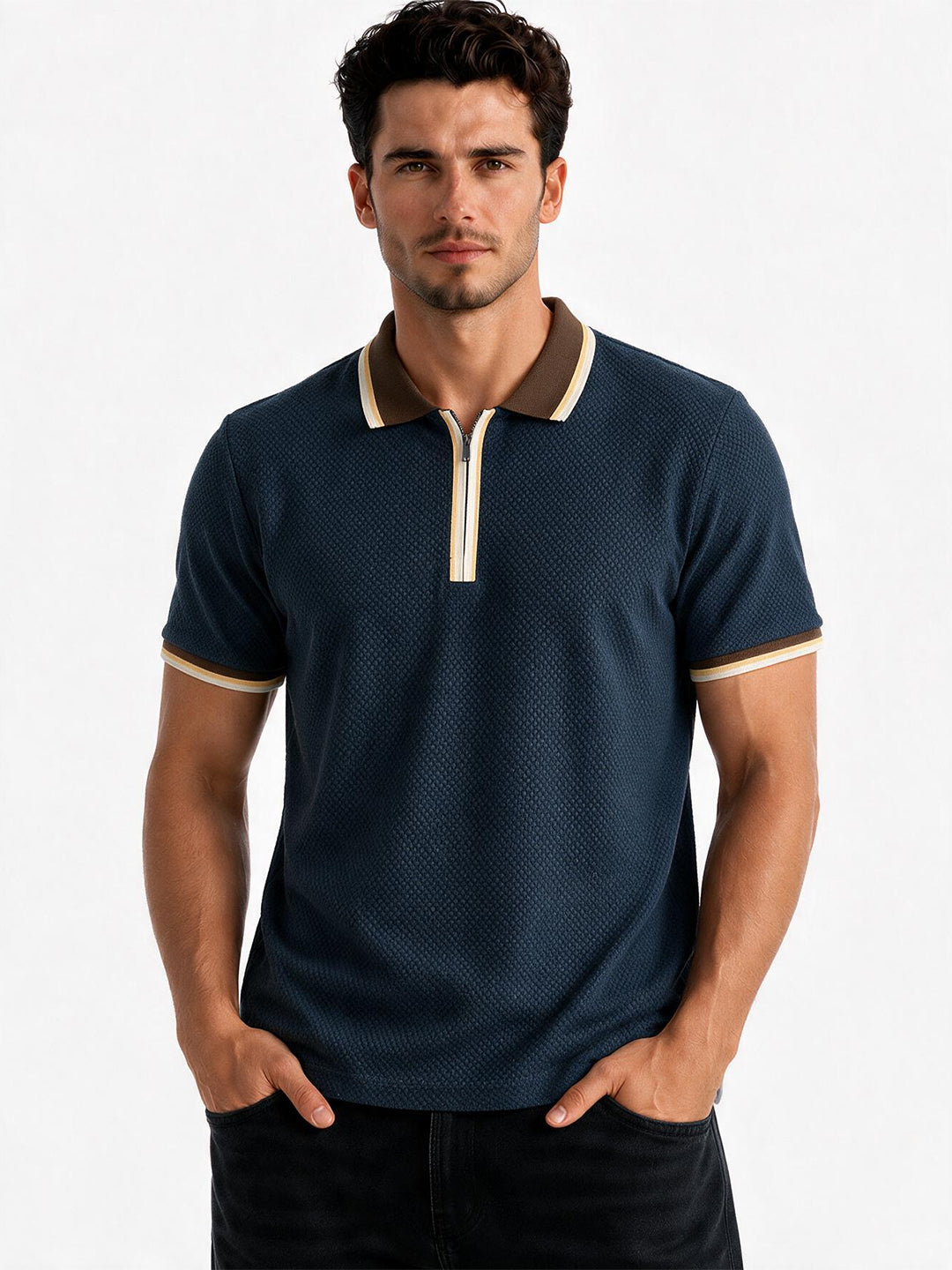 Solid Regular Fit Half Sleeve Zipper Collar T-Shirt