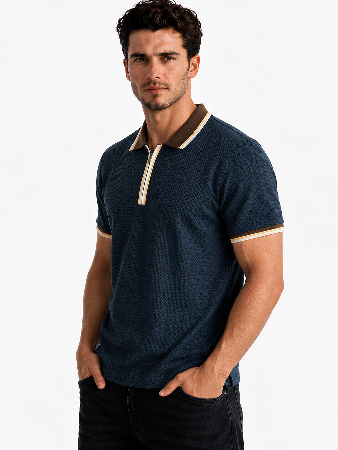 Solid Regular Fit Half Sleeve Zipper Collar T-Shirt