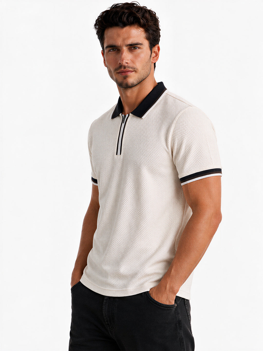 Solid Regular Fit Half Sleeve Zipper Collar T-Shirt