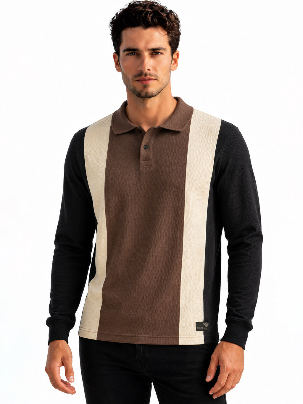 Black Color Block Knit Polo T-shirt