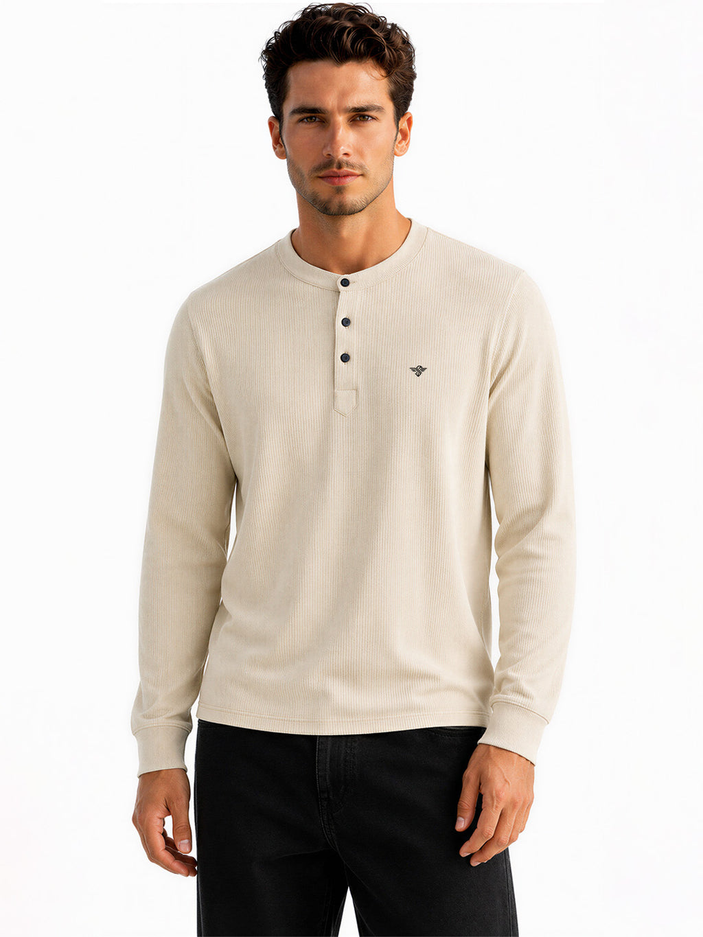 Solid Henley Neck Regular Fit Full Sleeve T-Shirt