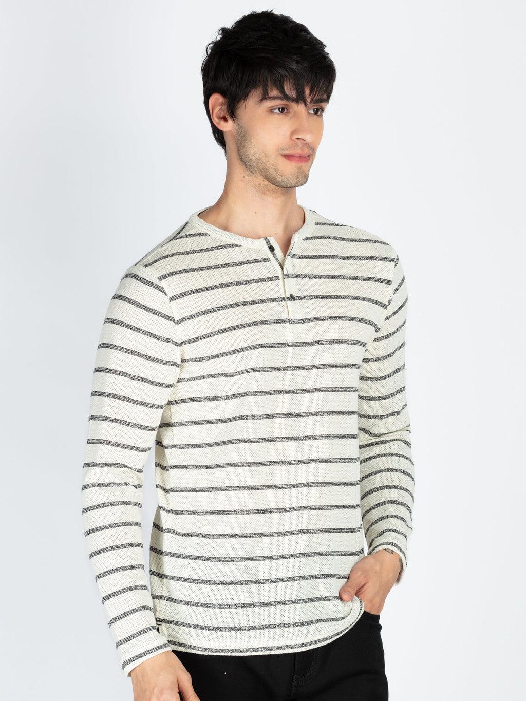 Mens Striped Henley Neck Full Sleeve T-Shirt