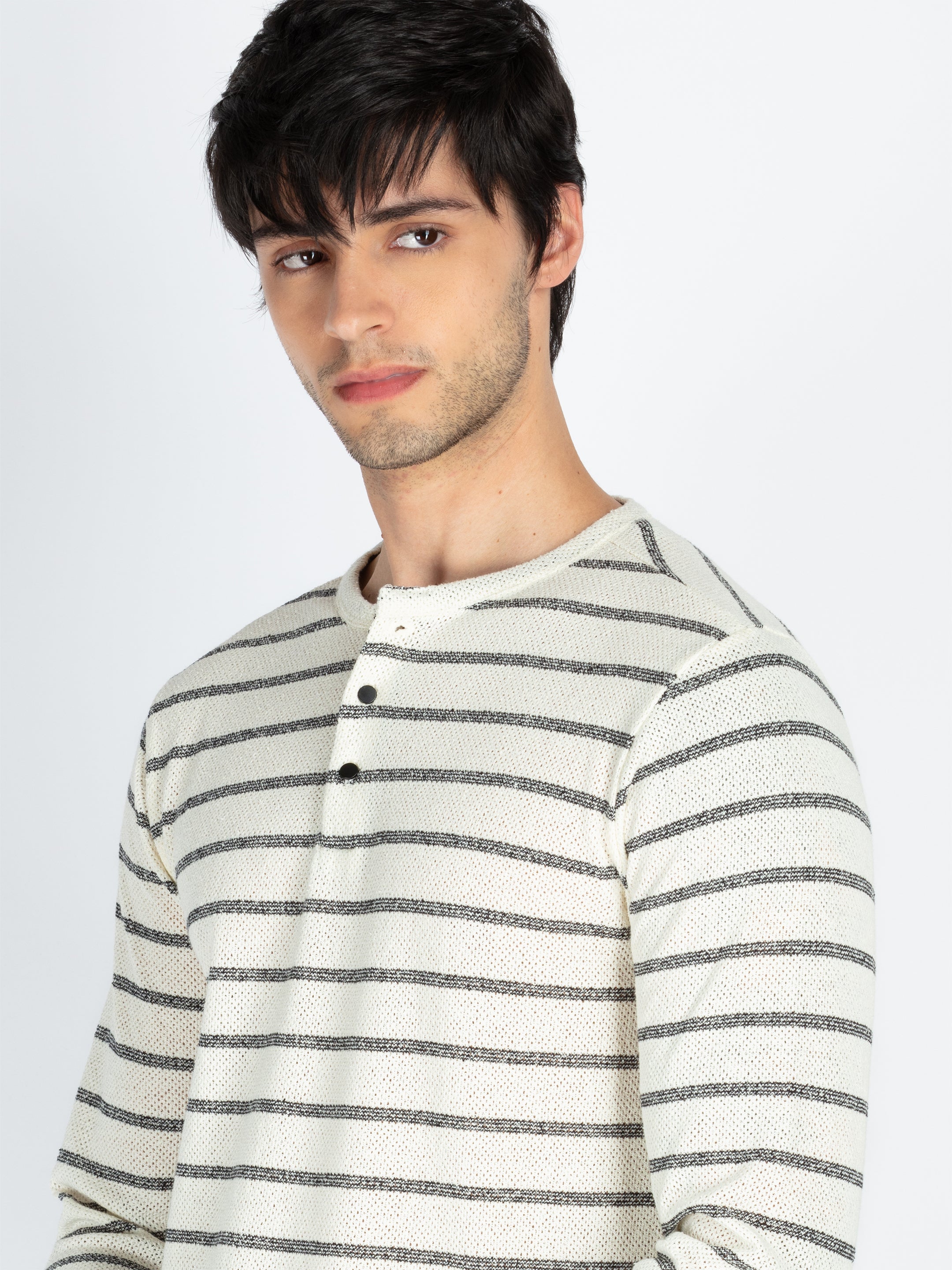 Mens Striped Henley Neck Full Sleeve T-Shirt
