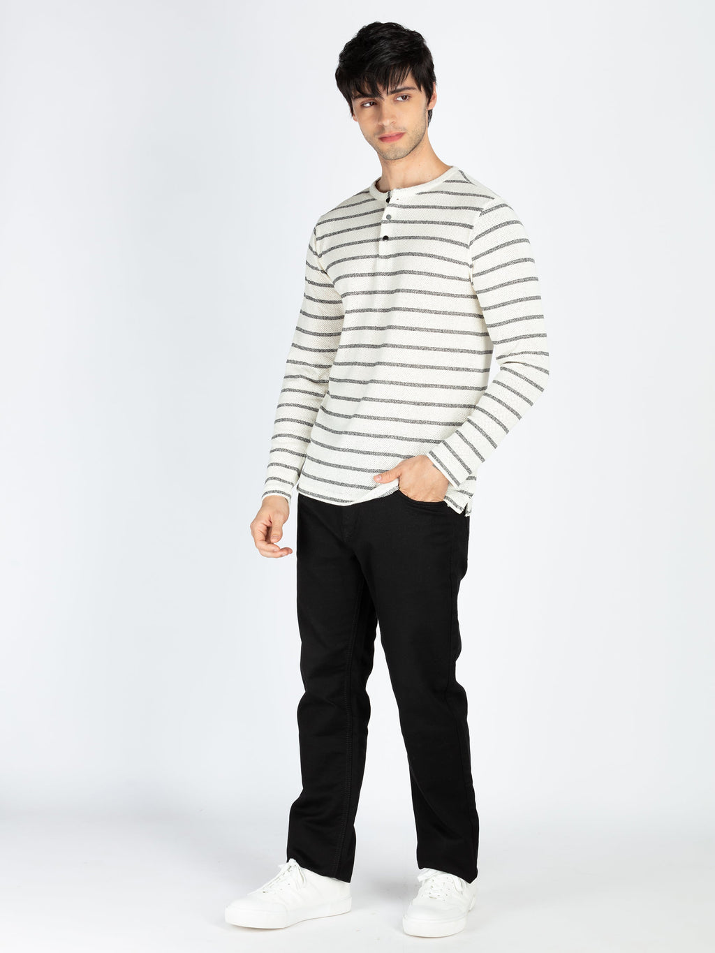 Mens Striped Henley Neck Full Sleeve T-Shirt