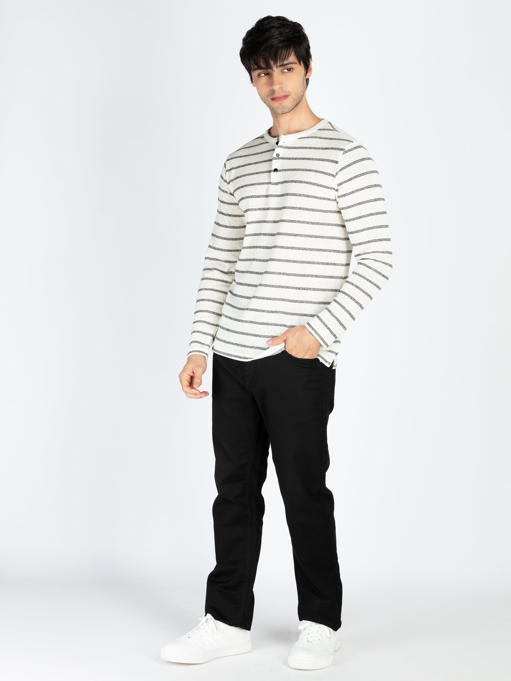 Mens Striped Henley Neck Full Sleeve T-Shirt