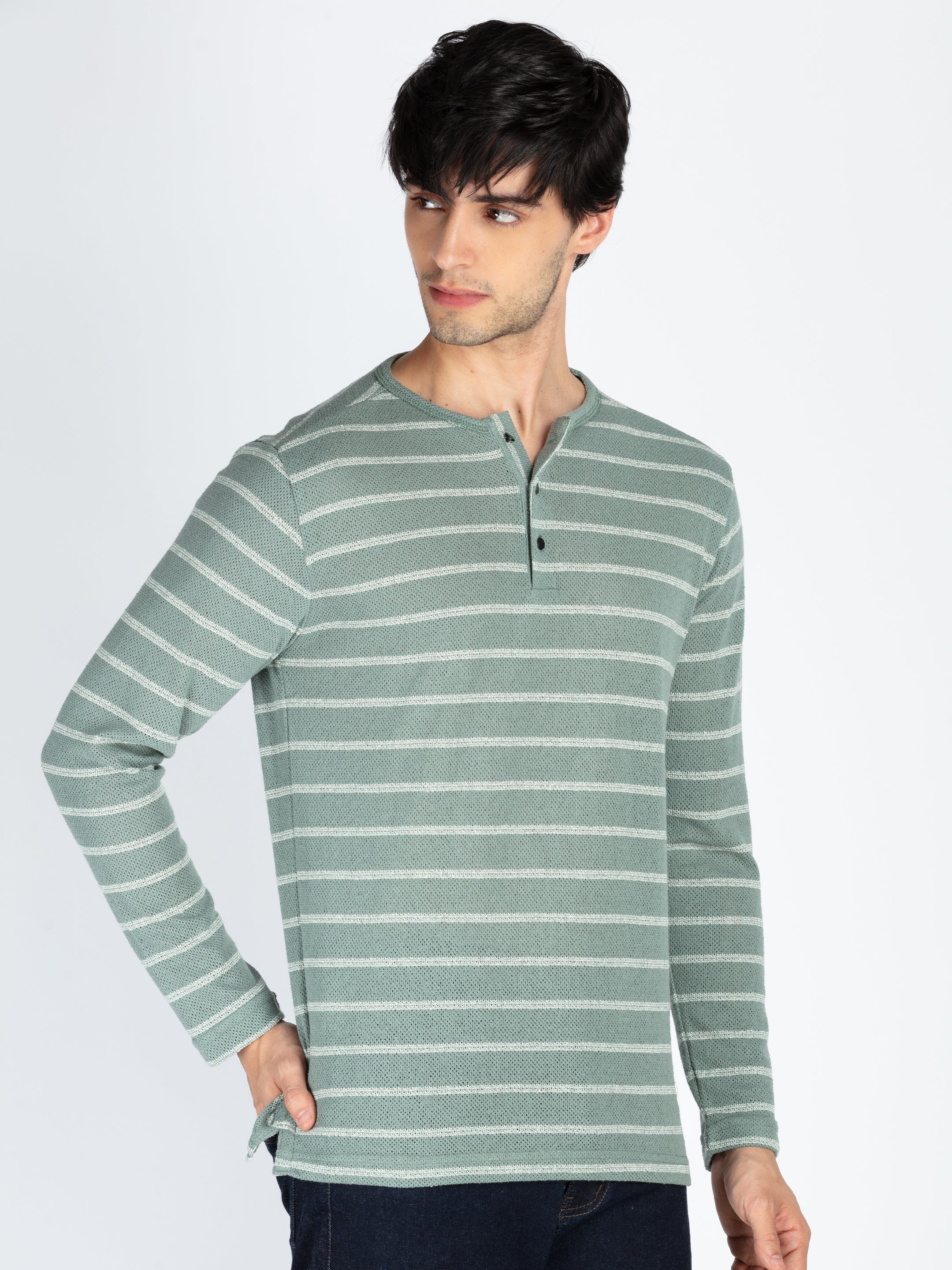 Mens Striped Henley Neck Full Sleeve T-Shirt Secondary image