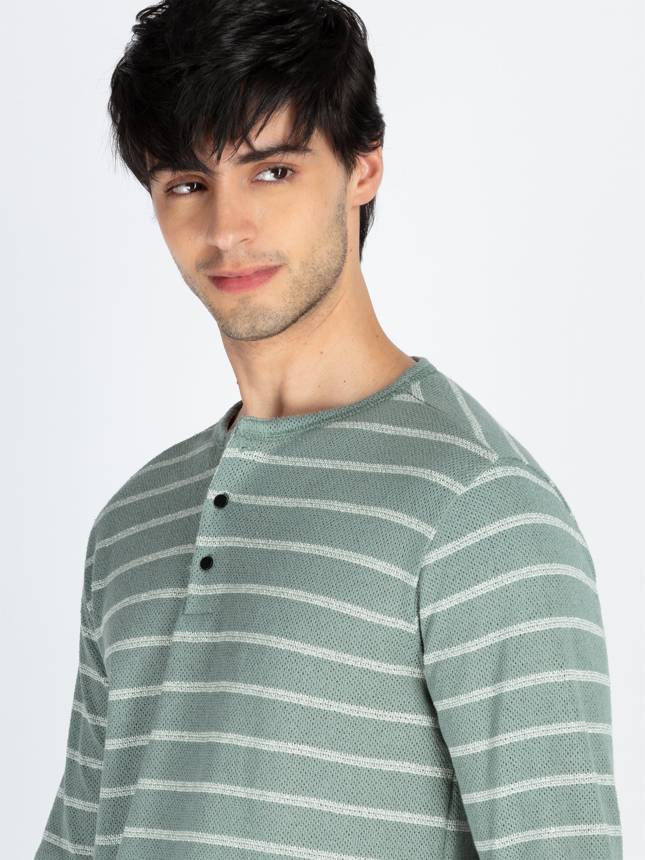 Mens Striped Henley Neck Full Sleeve T-Shirt