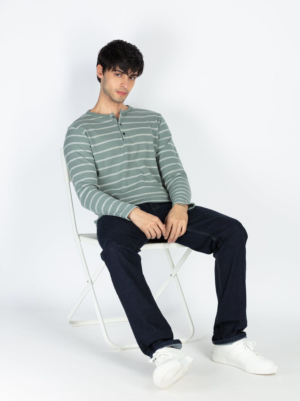 Mens Striped Henley Neck Full Sleeve T-Shirt