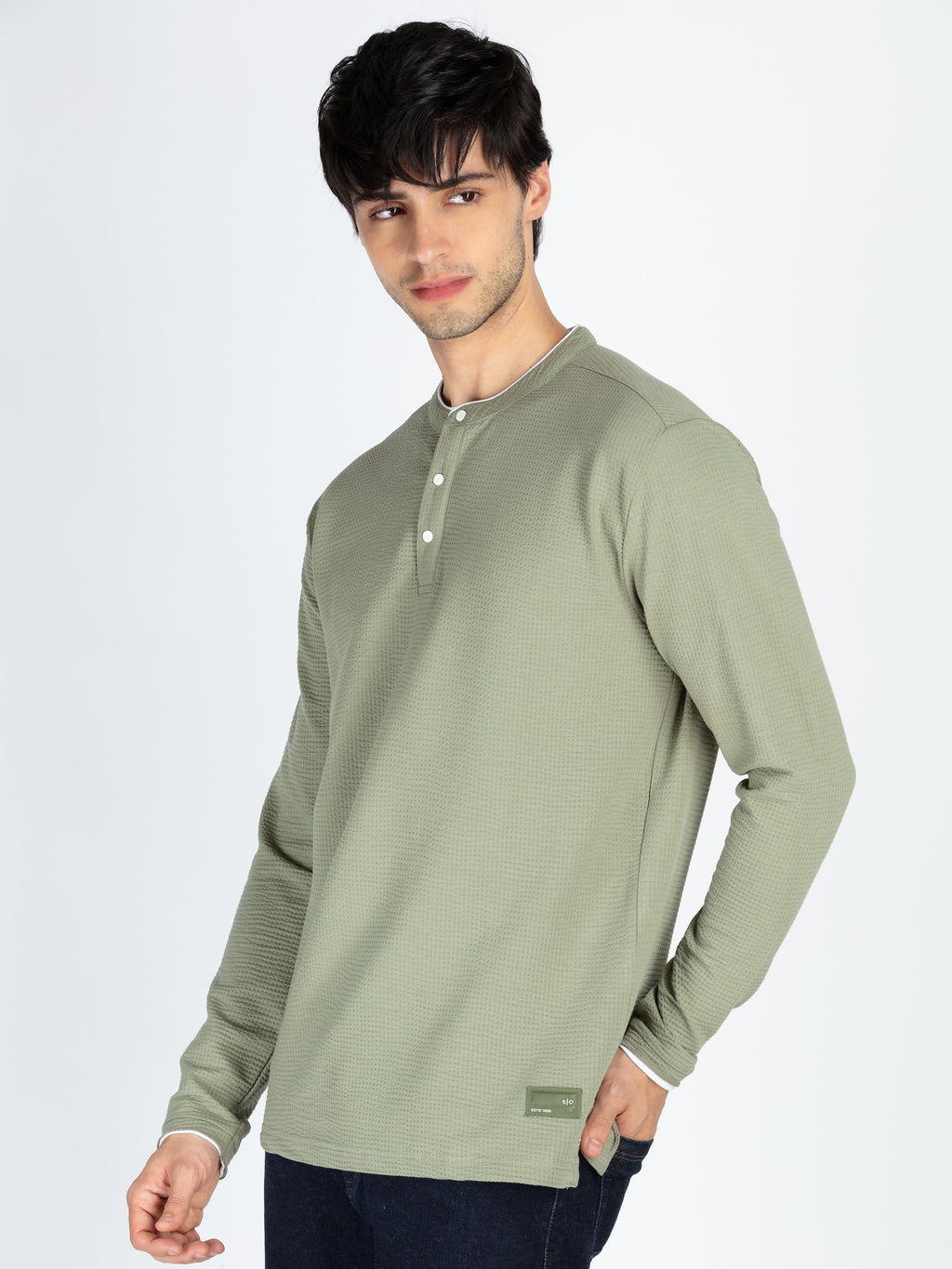 Mens Solid Henley Neck Full Sleeve T-Shirt