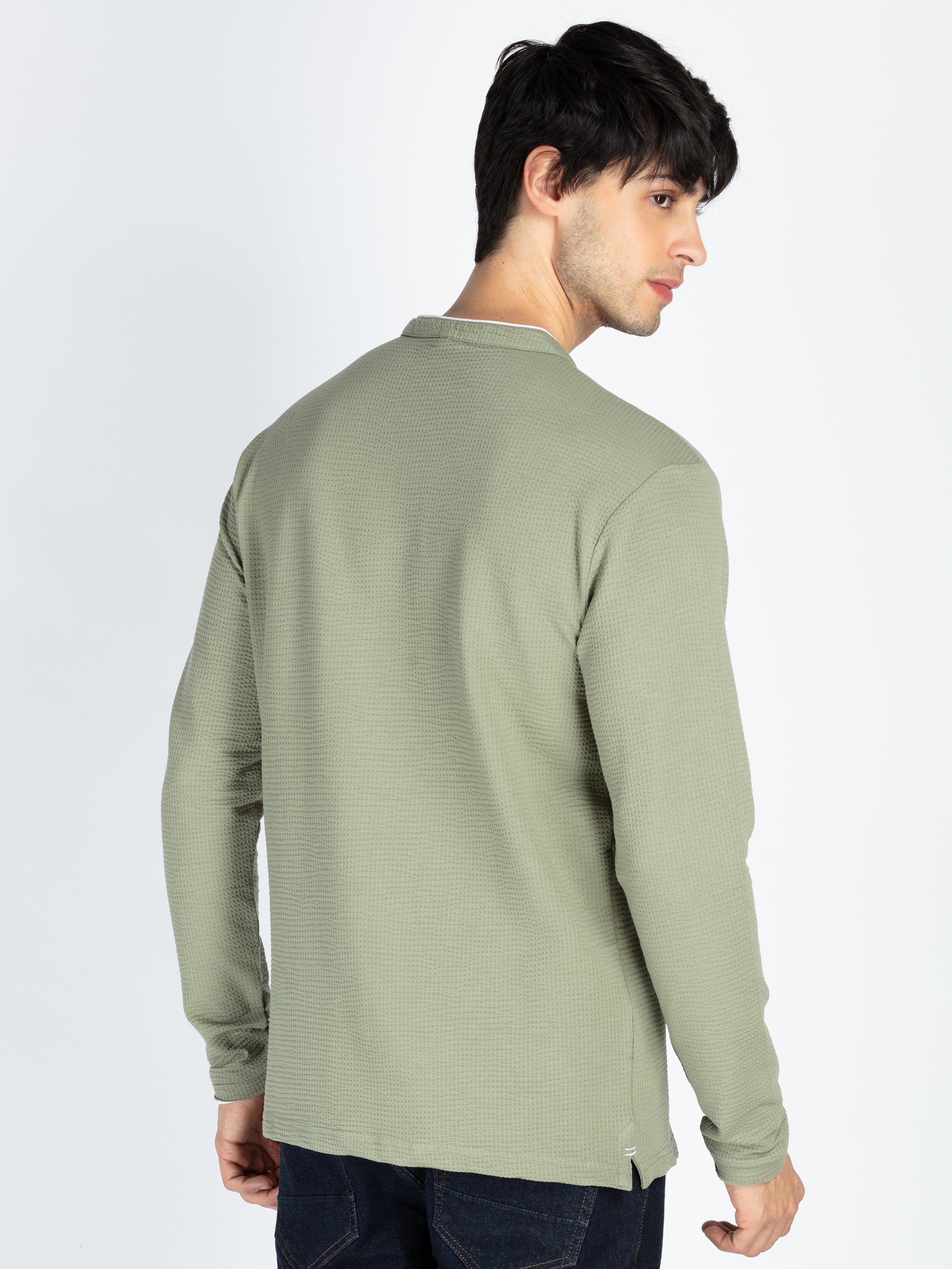 Mens Solid Henley Neck Full Sleeve T-Shirt