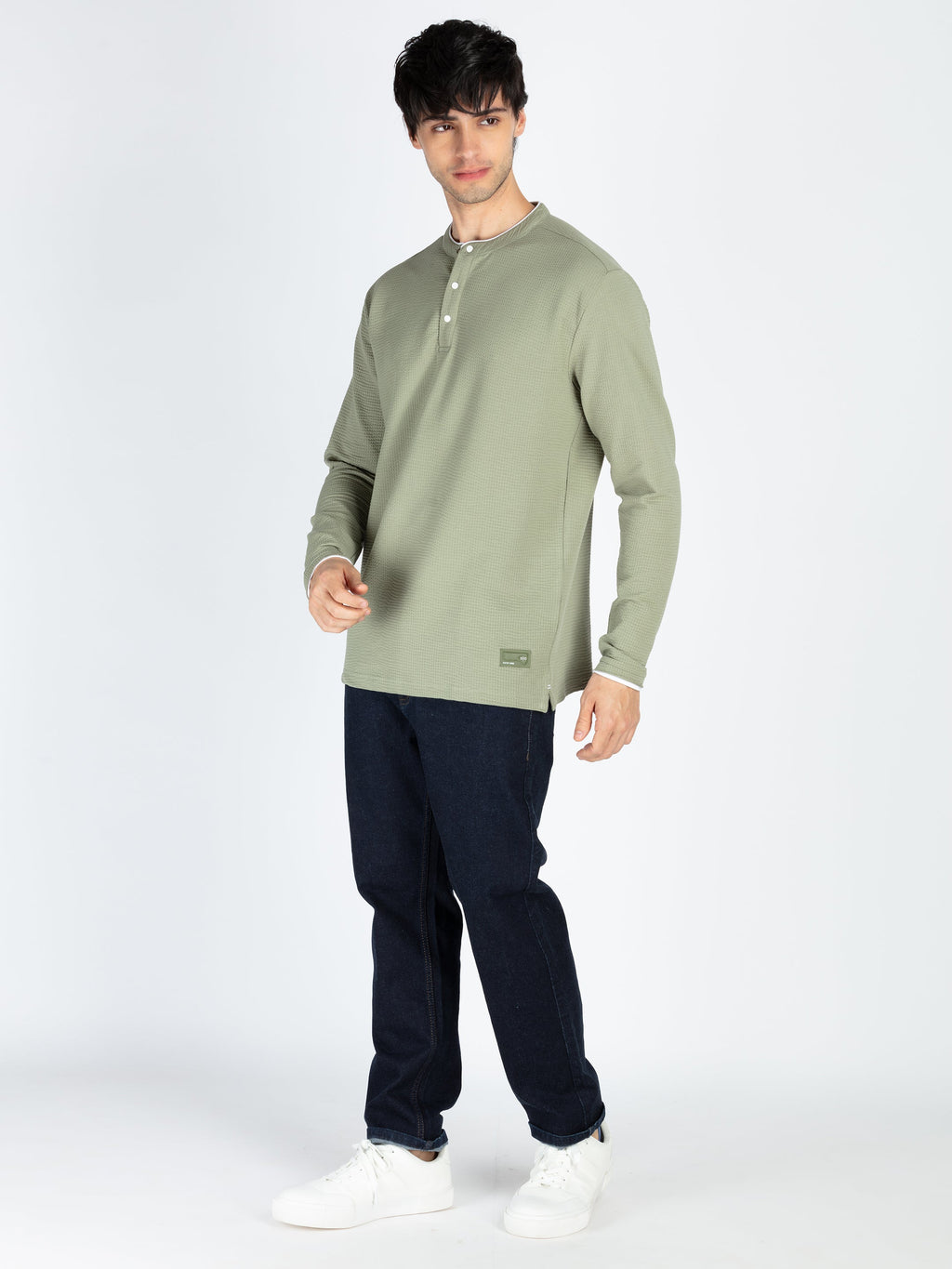 Mens Solid Henley Neck Full Sleeve T-Shirt
