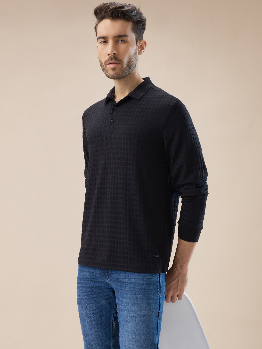 Men's Solid Textured Full Sleeves Regular Fit Polo T-shirt Secondary image