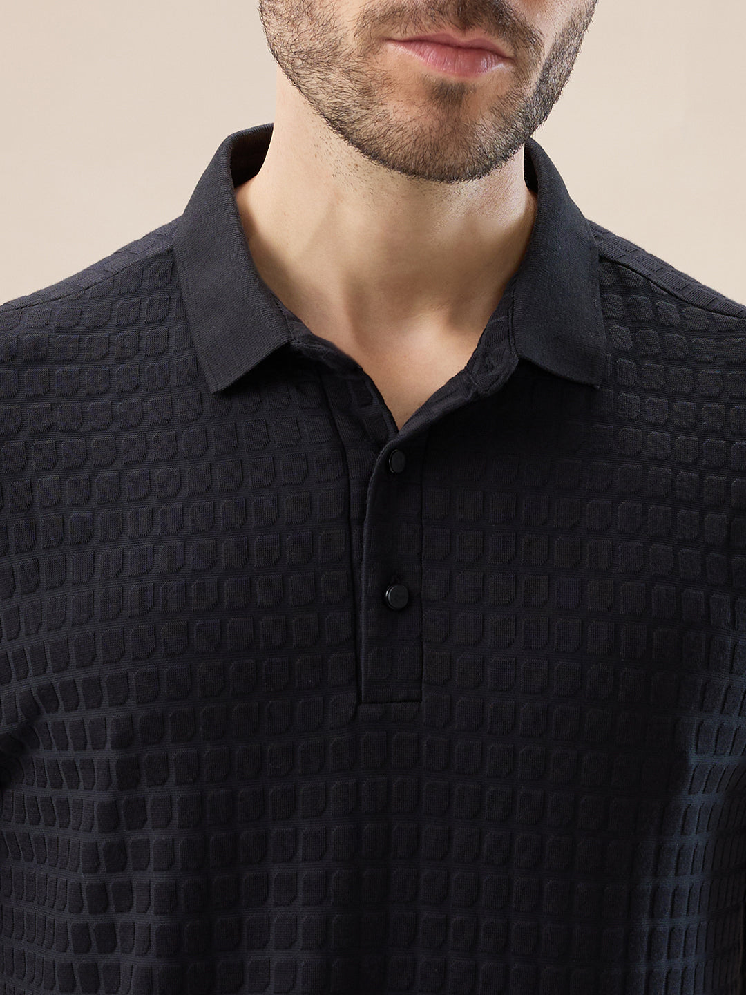 Men's Solid Textured Full Sleeves Regular Fit Polo T-shirt