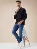 Men's Solid Textured Full Sleeves Regular Fit Polo T-shirt