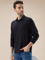 Men's Solid Textured Full Sleeves Regular Fit Polo T-shirt