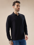 Men's Solid Textured Full Sleeves Regular Fit Polo T-shirt