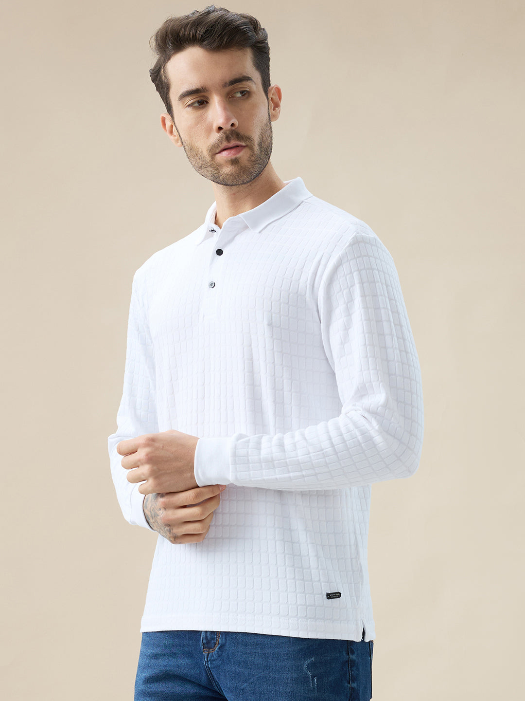 Men's Solid Textured Full Sleeves Regular Fit Polo T-shirt