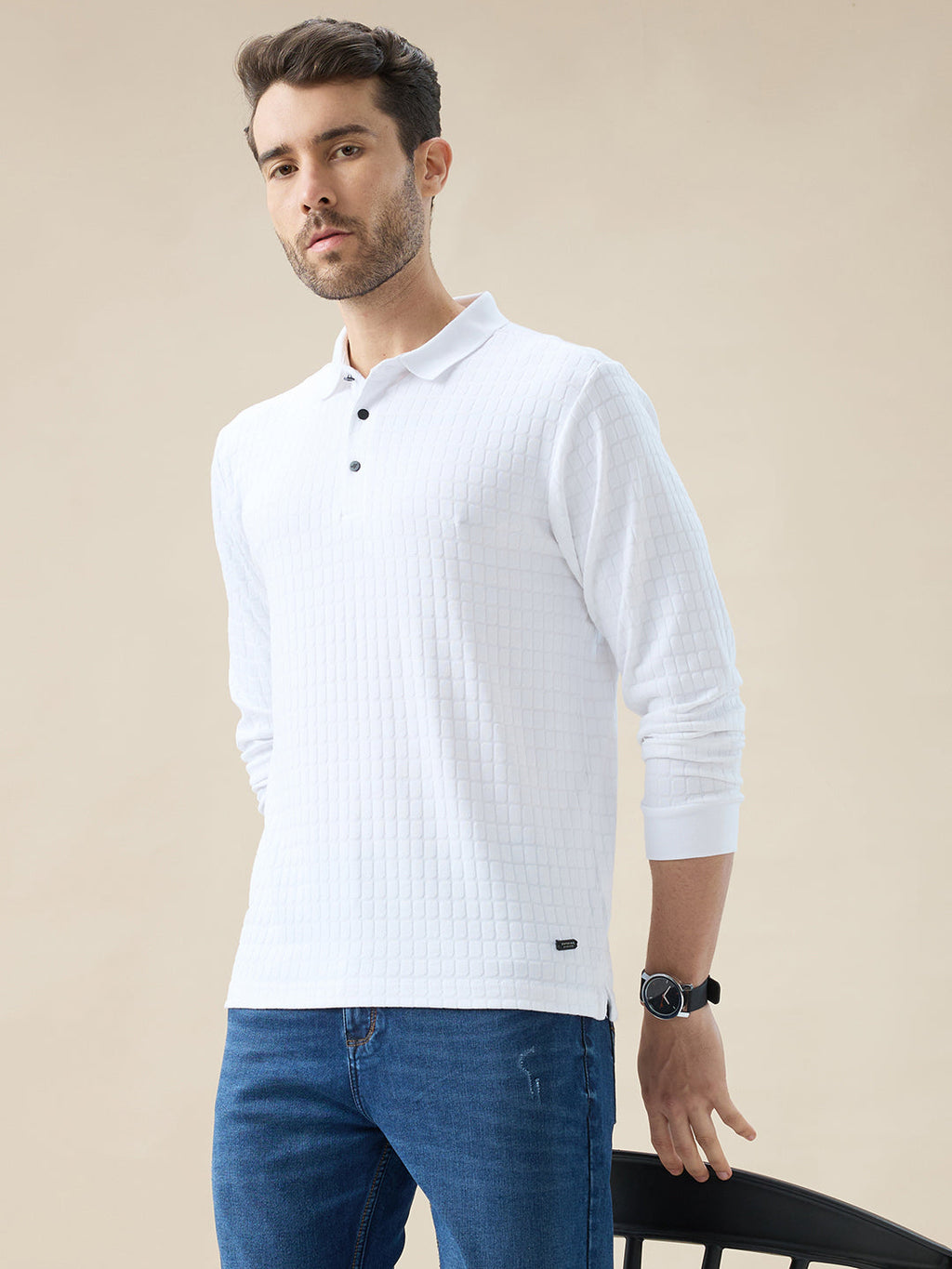 Men's Solid Textured Full Sleeves Regular Fit Polo T-shirt