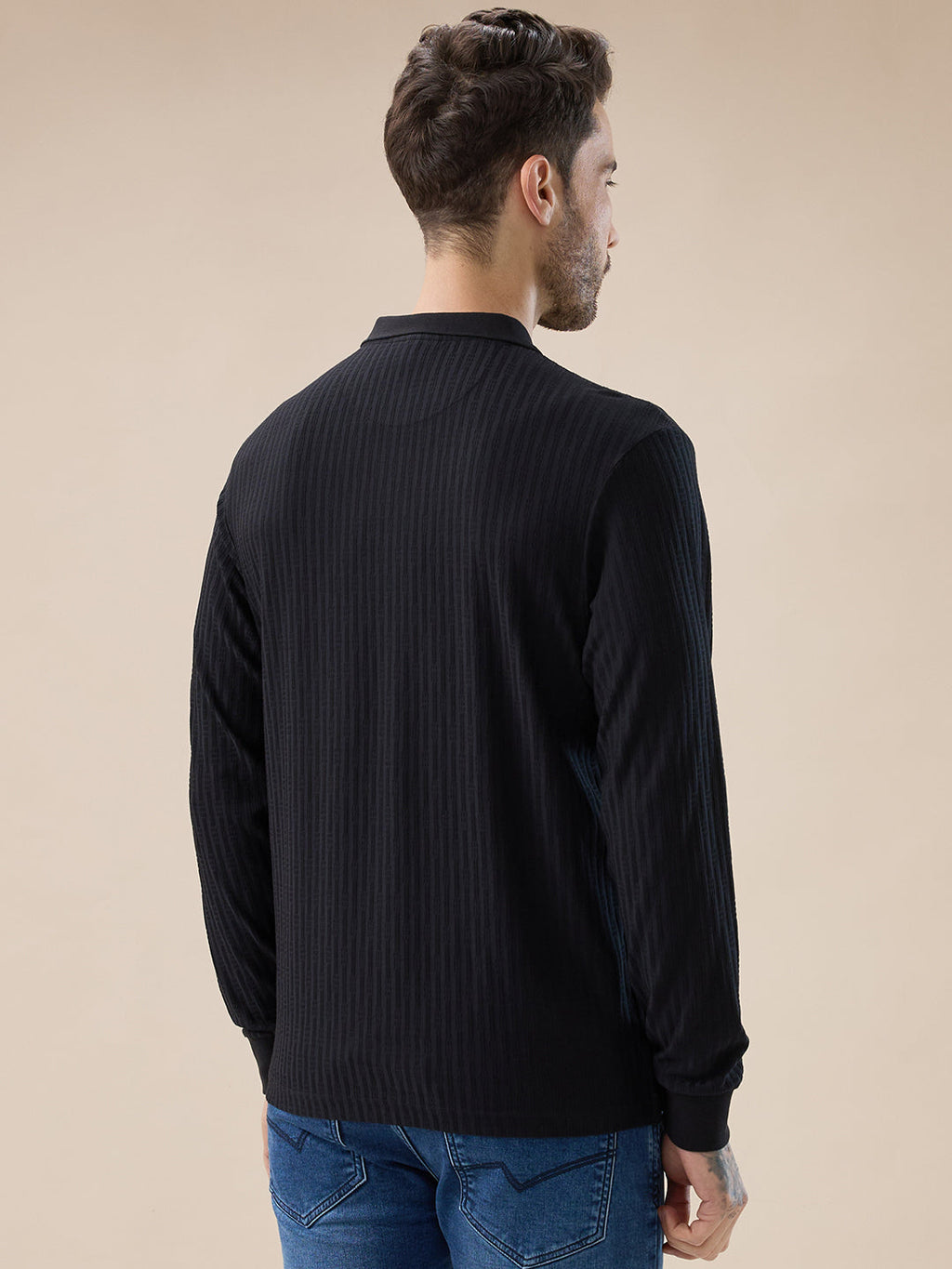 Men's Solid Striped Textured Full Sleeves Regular Fit Polo T-shirt