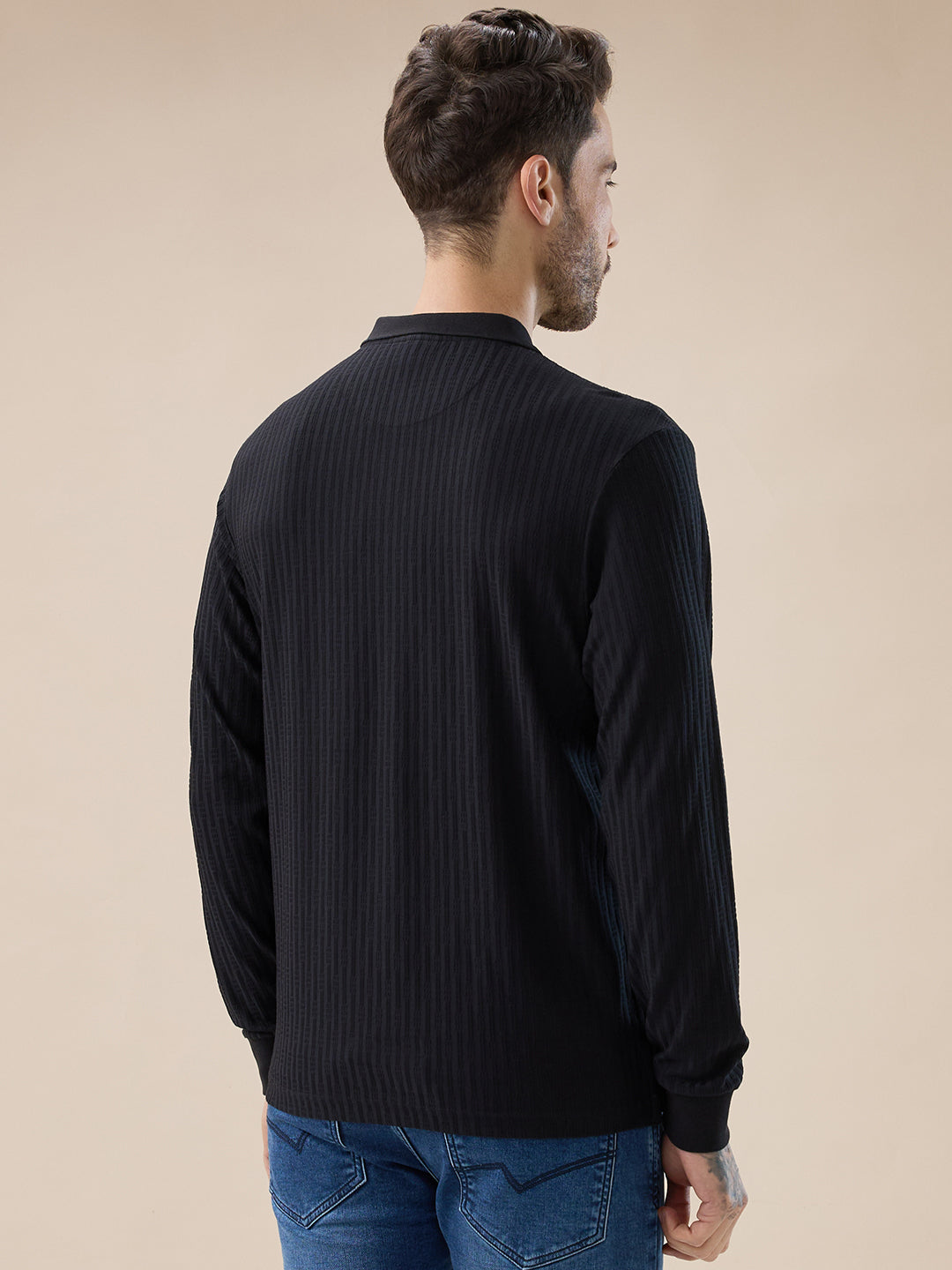 Men's Solid Striped Textured Full Sleeves Regular Fit Polo T-shirt