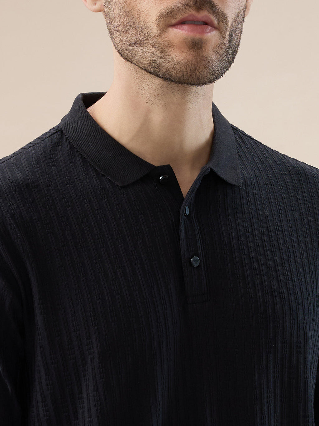 Men's Solid Striped Textured Full Sleeves Regular Fit Polo T-shirt