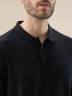 Men's Solid Striped Textured Full Sleeves Regular Fit Polo T-shirt