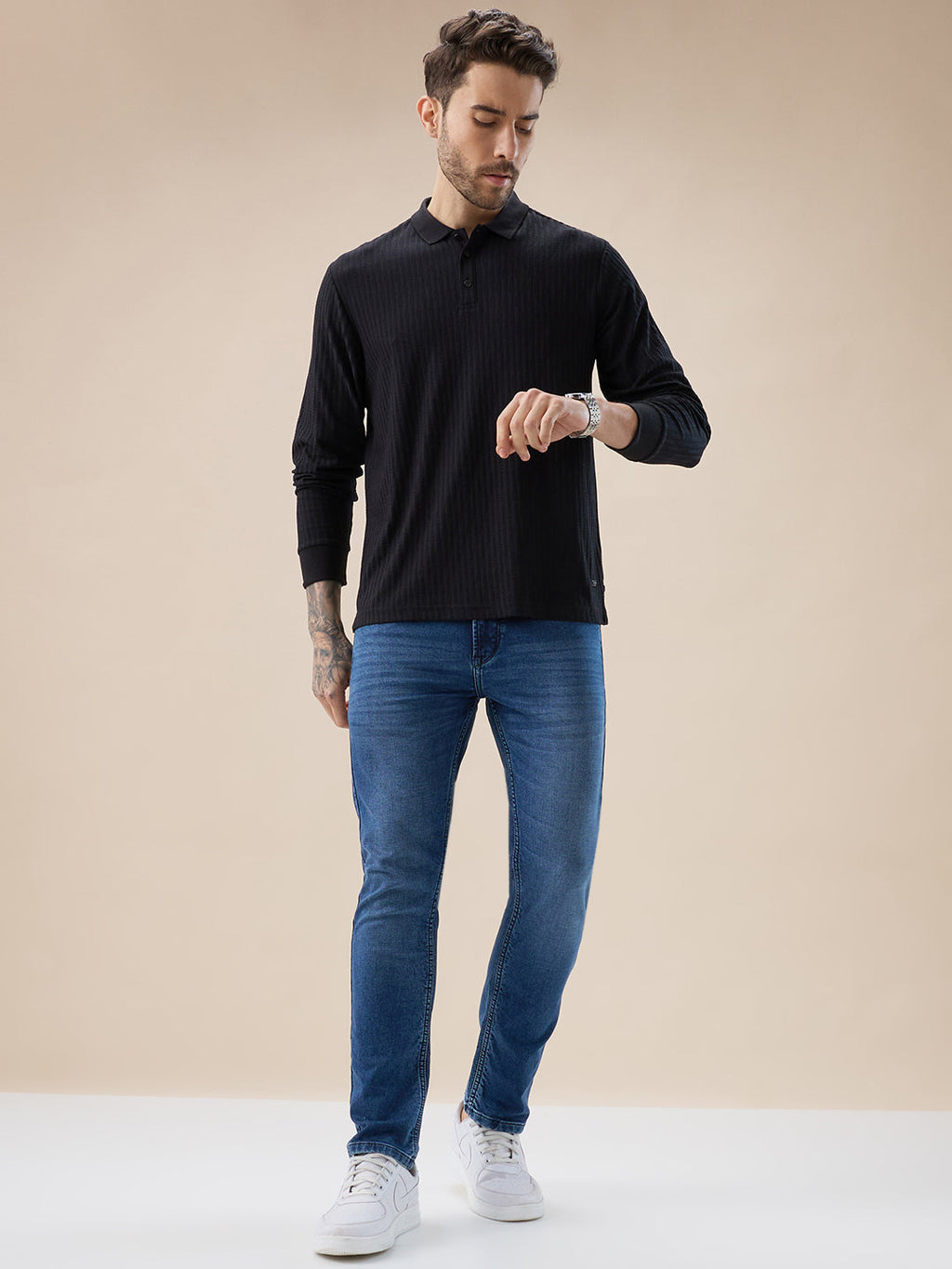 Men's Solid Striped Textured Full Sleeves Regular Fit Polo T-shirt