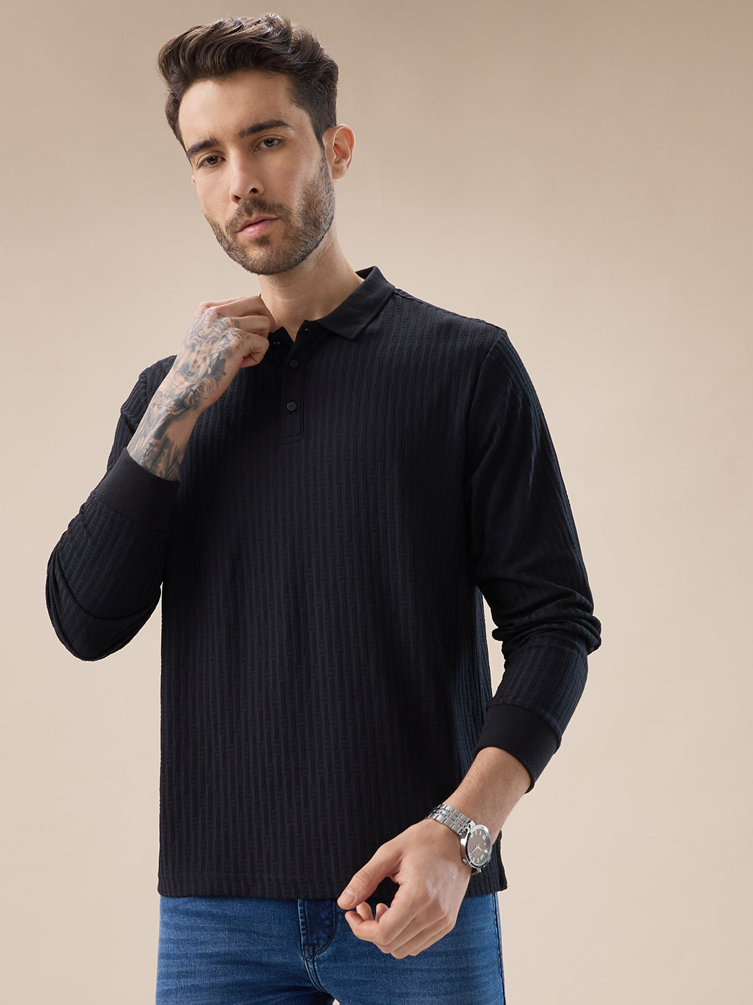 Men's Solid Striped Textured Full Sleeves Regular Fit Polo T-shirt