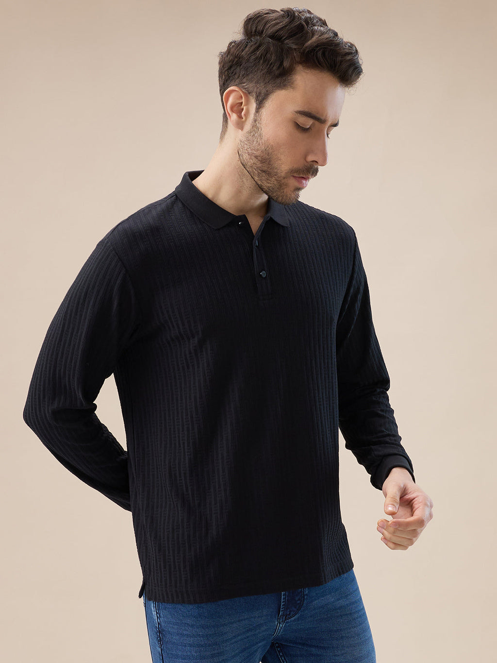 Men's Solid Striped Textured Full Sleeves Regular Fit Polo T-shirt