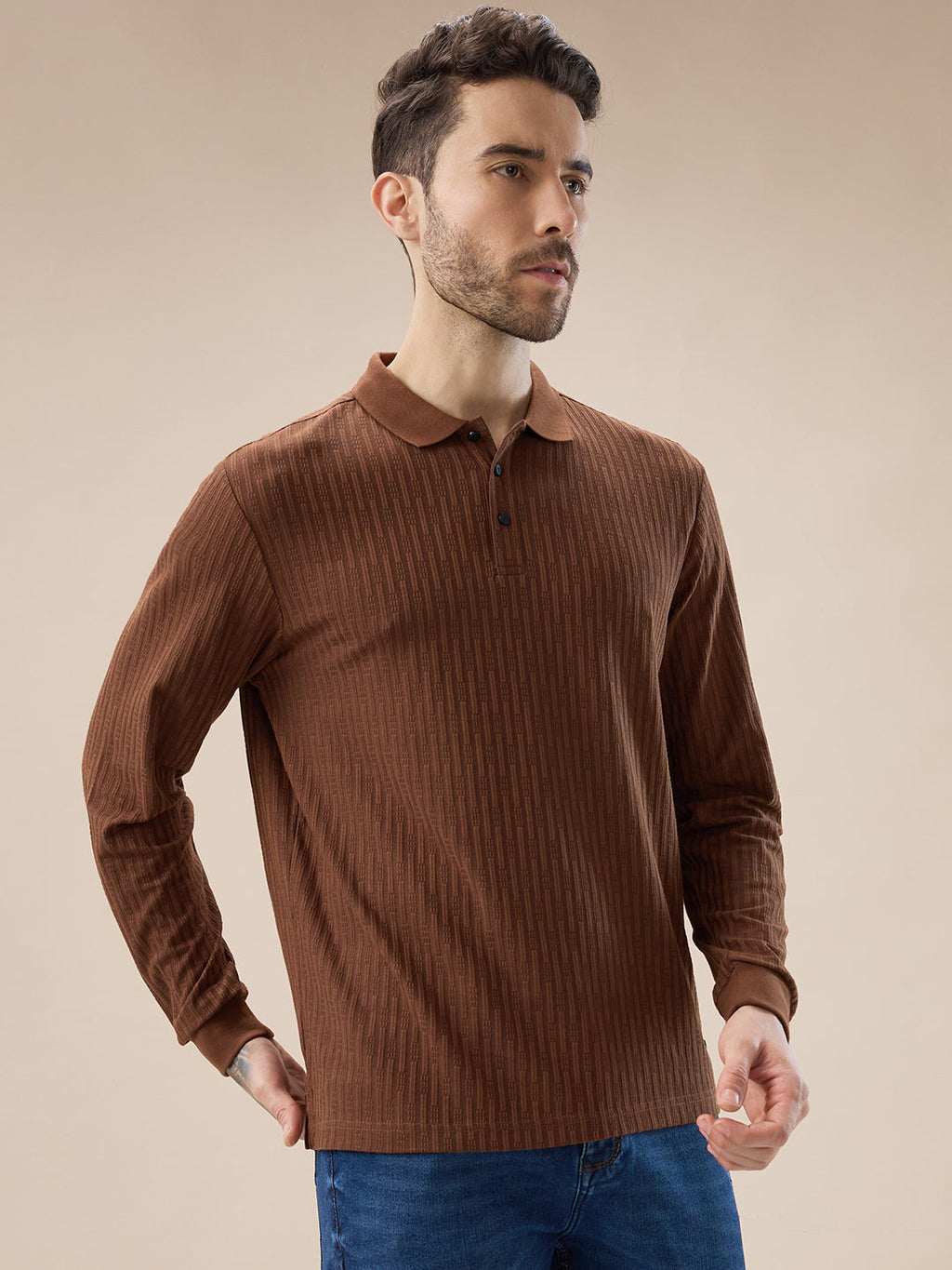 Men's Solid Striped Textured Full Sleeves Regular Fit Polo T-shirt