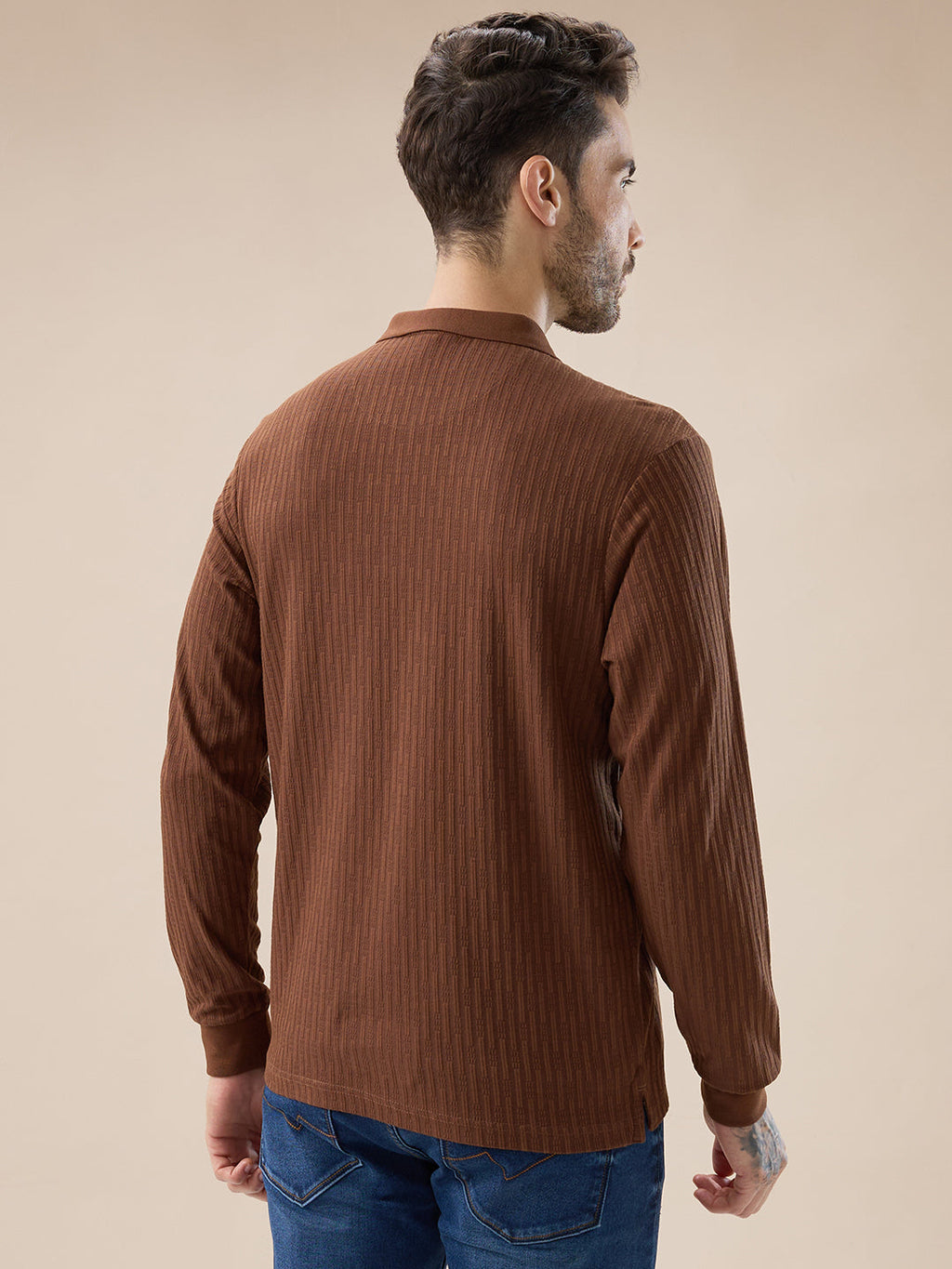 Men's Solid Striped Textured Full Sleeves Regular Fit Polo T-shirt