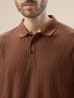 Men's Solid Striped Textured Full Sleeves Regular Fit Polo T-shirt