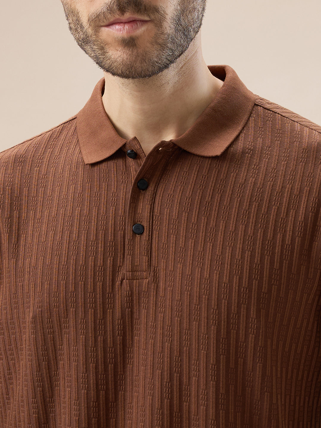 Men's Solid Striped Textured Full Sleeves Regular Fit Polo T-shirt