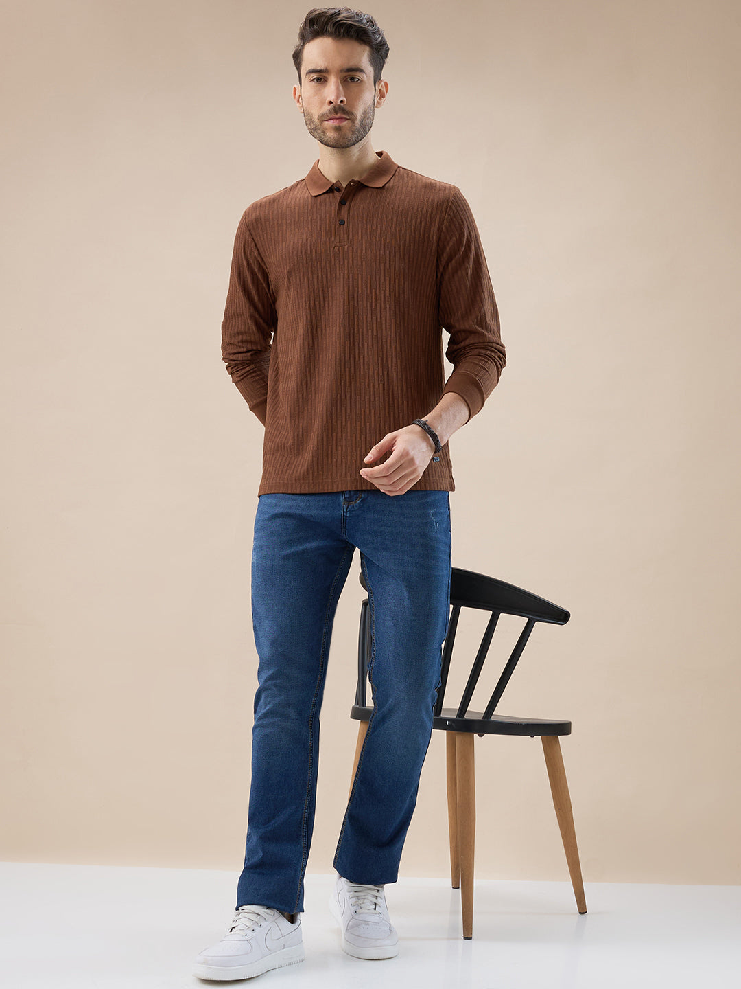 Men's Solid Striped Textured Full Sleeves Regular Fit Polo T-shirt