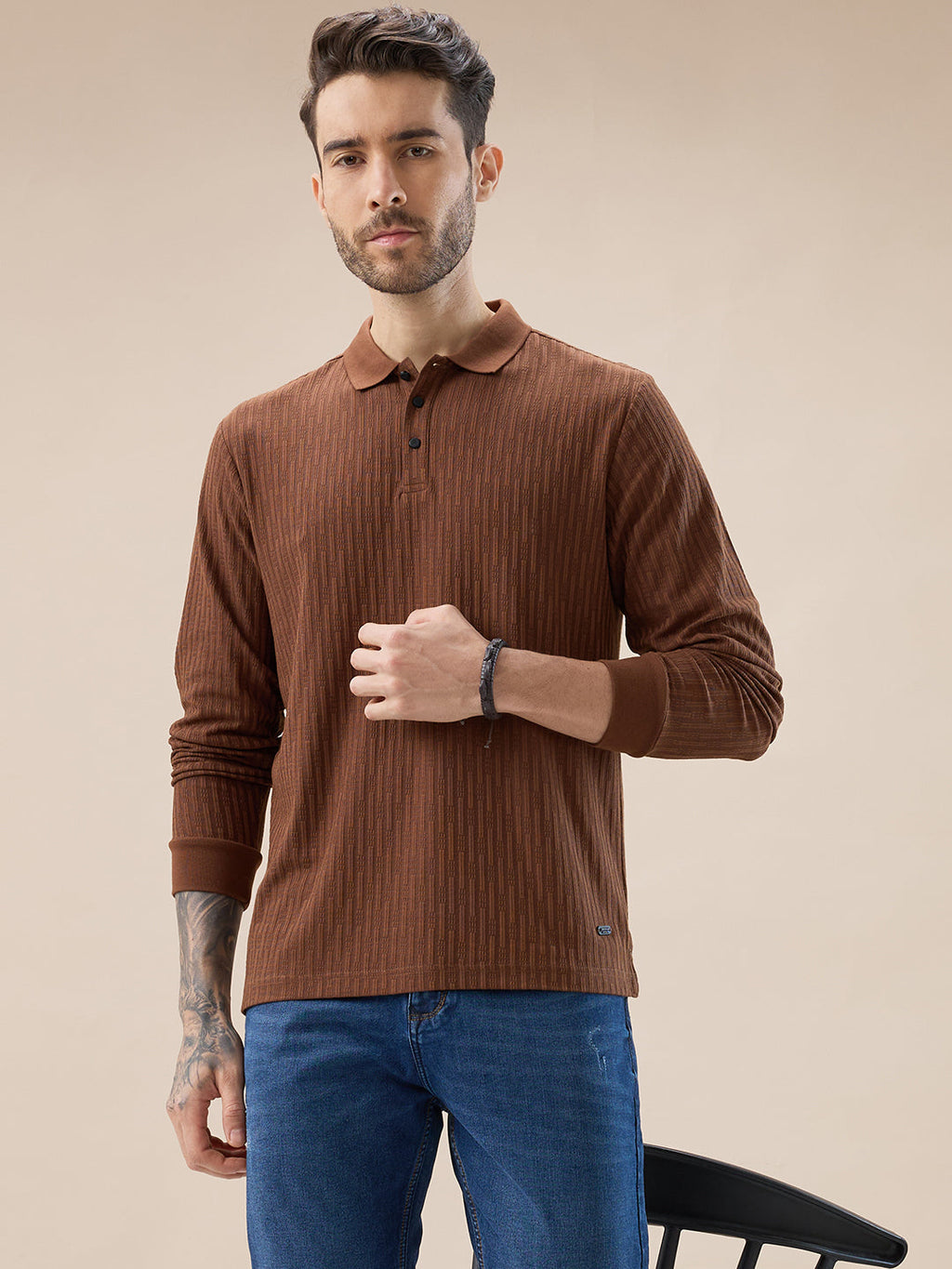 Men's Solid Striped Textured Full Sleeves Regular Fit Polo T-shirt