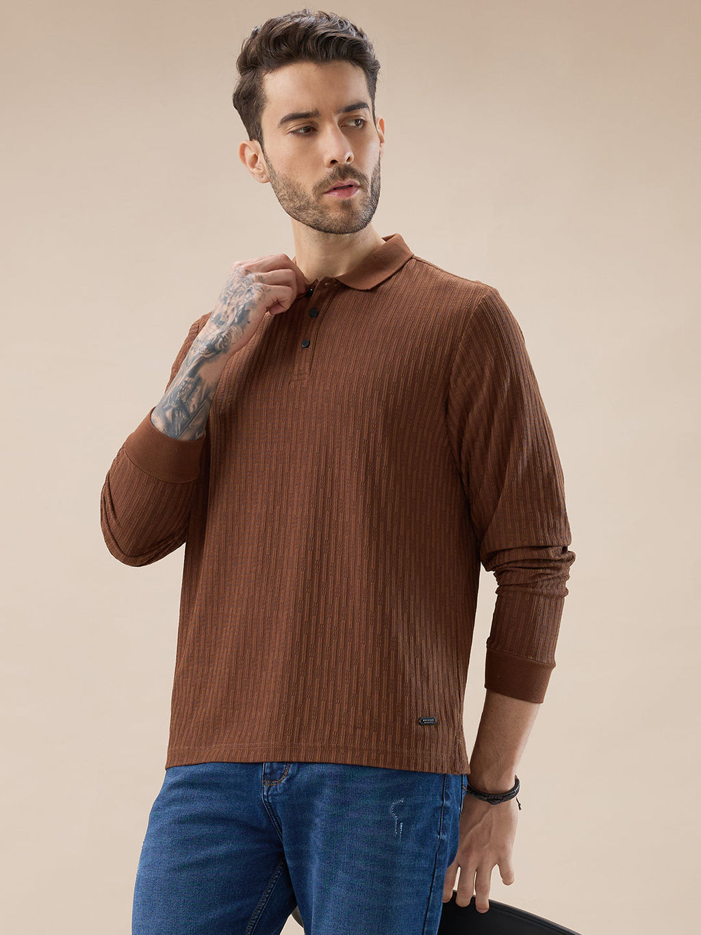 Men's Solid Striped Textured Full Sleeves Regular Fit Polo T-shirt